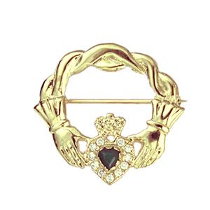 9ct Gold 28x30mm twisted knot cord top Claddagh Brooch set with Green Agate and CZ's