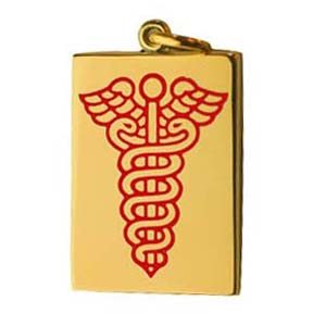18ct Gold 25x18mm rectangular medical alarm Disc Pendant with vitreous red enamel
