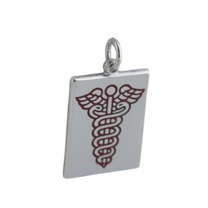 Silver 25x18mm rectangular medical alarm Disc Pendant with vitreous red enamel