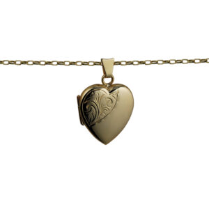 9ct Gold 21x19mm heart shaped half hand engraved Locket with a 1.4mm wide belcher Chain 22 inches