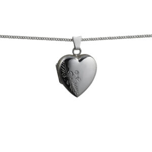 Silver 21x19mm heart shaped hand engraved Locket with a 1.3mm wide curb Chain 22 inches