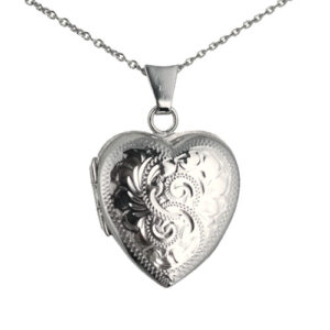 Silver 21x19mm heart shaped hand engraved Locket with a 1mm wide rolo Chain