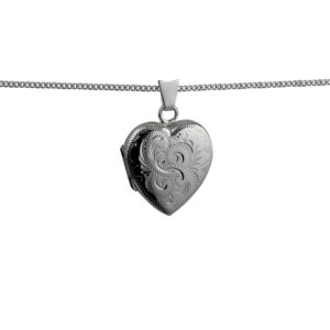 Silver 21x19mm heart shaped hand engraved Locket with a 1.3mm wide curb Chain