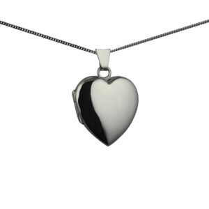 9ct White Gold 21x19mm heart shaped plain Locket with a 1mm wide curb Chain