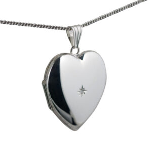 Silver 30x28mm heart shaped diamond set Locket with a 1.3mm wide curb Chain