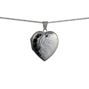 Silver 30x28mm heart shaped hand engraved Locket with a 1.3mm wide curb Chain