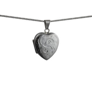 Silver 24x20mm heart shaped hand engraved Locket with a 1.3mm wide curb Chain