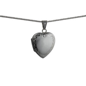 Silver 24x20mm heart shaped hand engraved scroll edge Locket with a 1.3mm wide curb Chain