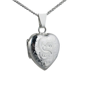 Silver 17x16mm heart shaped hand engraved Locket with a 1.3mm wide curb Chain