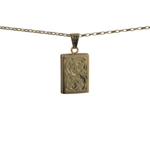 9ct Gold 22x15mm rectangular hand engraved flat Locket with a 1.4mm wide belcher Chain