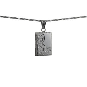 Silver 22x15mm rectangular half hand engraved flat Locket with a 1.3mm wide curb Chain