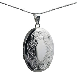 Silver 35x26mm oval hand engraved celtic pattern Locket with a 1.3mm wide curb Chain 24 inches