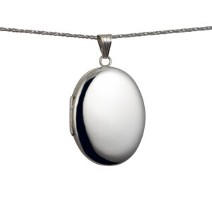 9ct White Gold 35x26mm oval plain Locket with a 1.1mm wide spiga Chain