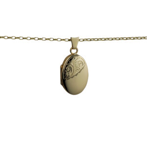 9ct Gold 22x15mm oval half hand engraved Locket with a 1.4mm wide belcher Chain