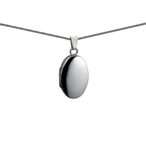 9ct White Gold 22x15mm oval plain Locket with a 1mm wide curb Chain