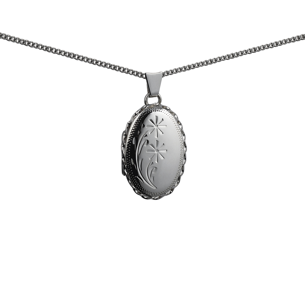 Silver 23x16mm oval hand engraved flower design twisted wire edge Locket with a 1.3mm wide curb Chain 22 inches