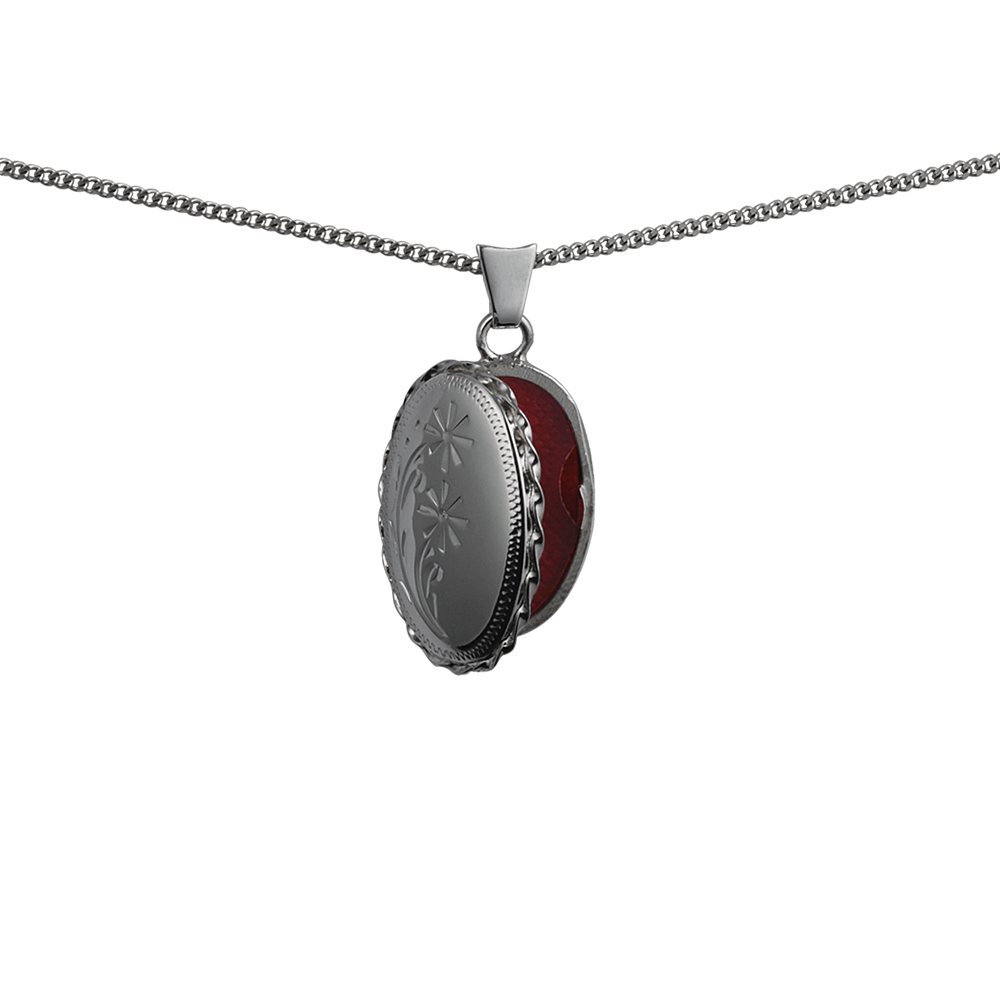 Silver 23x16mm oval hand engraved flower design twisted wire edge Locket with a 1.3mm wide curb Chain 22 inches - Image 2
