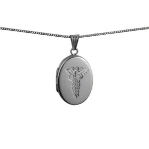 Silver 26x19mm oval hand engraved medical alarm symbol flat Locket with a 1.3mm wide curb Chain