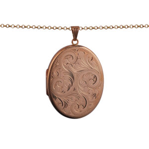 9ct Rose Gold 45x36mm oval hand engraved flat Locket with a 2.2mm wide belcher Chain