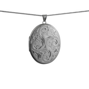 Silver 45x36mm oval hand engraved flat Locket with a 1.3mm wide curb Chain