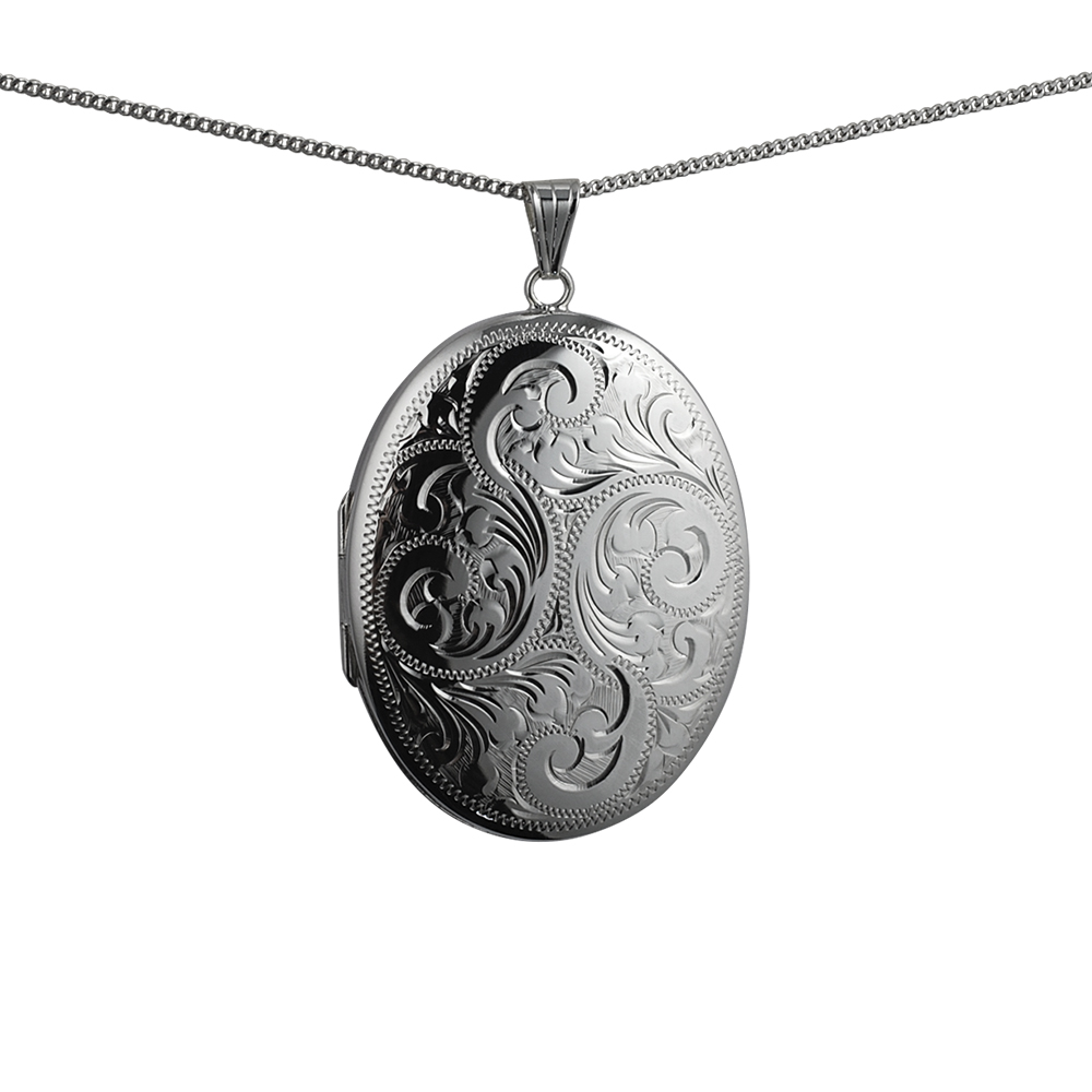 Sliver 45x35mm oval hand engraved Locket with a 1.3mm wide curb Chain 18 inches