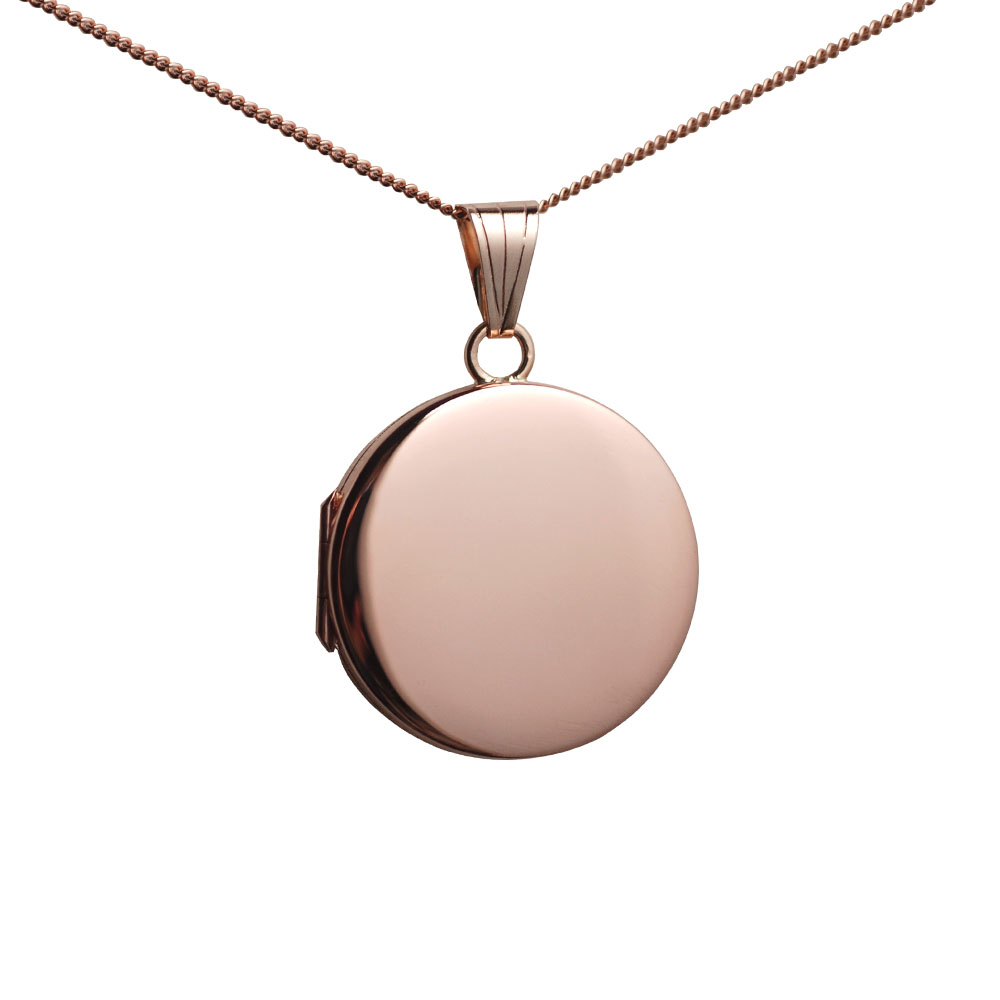 9ct Rose Gold 23mm round plain flat Locket with a 1mm wide curb Chain