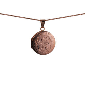 9ct Rose Gold 23mm round hand engraved flat Locket with a 1mm wide curb Chain