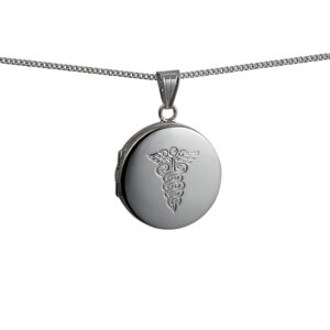 Silver 23mm round hand engraved medical alarm symbol flat Locket with a 1.3mm wide curb Chain