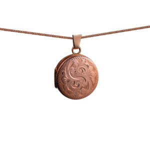 9ct Rose Gold 20mm round hand engraved flat Locket with a 1mm wide curb Chain