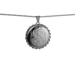 Silver 31mm round hand engraved twisted wire edge Locket with a 1.3mm wide curb Chain