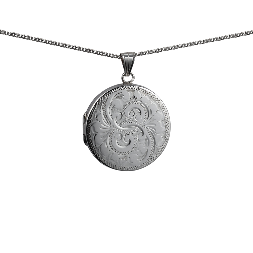 Silver 29mm round hand engraved flat Locket with a 1.3mm wide curb Chain 18 inches