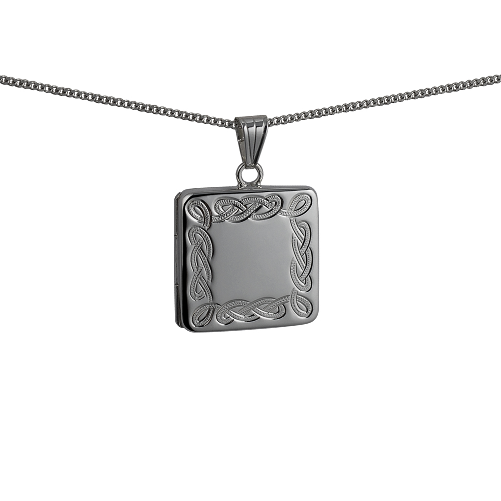 Silver 22mm square hand engraved celtic pattern flat Locket with a 1.3mm wide curb Chain 18 inches