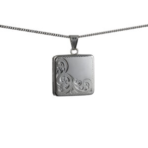 Silver 22mm square half hand engraved flat Locket with a 1.3mm wide curb Chain