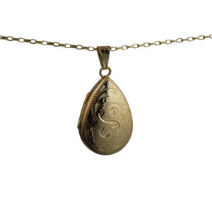 9ct Gold 30x20mm teardrop hand engraved Locket with a 1.4mm wide belcher Chain