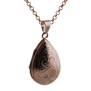 9ct Rose Gold 30x20mm teardrop hand engraved Locket with a 2.2mm wide belcher Chain