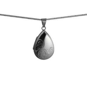 Silver 30x20mm teardrop half hand engraved Locket with a 1.3mm wide curb Chain