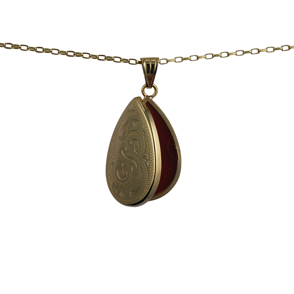 9ct Gold 28x19mm teardrop hand engraved flat Locket with a 1.4mm wide belcher Chain 24 inches - Image 2