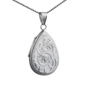 Silver 28x19mm teardrop hand engraved flat Locket with a 1.3mm wide curb Chain