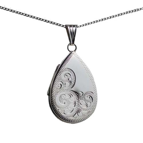 Silver 28x19mm teardrop half hand engraved flat Locket with a 1.3mm wide curb Chain 20 inches
