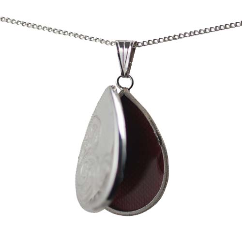 Silver 28x19mm teardrop half hand engraved flat Locket with a 1.3mm wide curb Chain 20 inches - Image 2