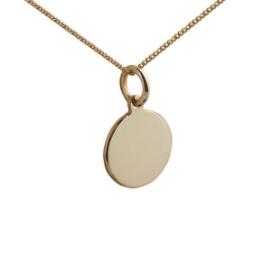 9ct Gold 13mm plain round Disc Pendant with a 0.6mm wide curb Chain