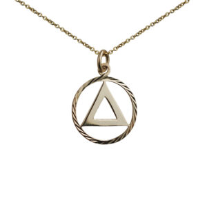 9ct Gold 21mm round diamond cut edge Alcoholics Anonymous Pendant with a 1.1mm wide cable Chain