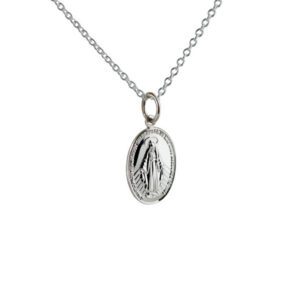 Silver 16x11mm oval Miraculous Medallion Medal Pendant with a 1mm wide rolo Chain