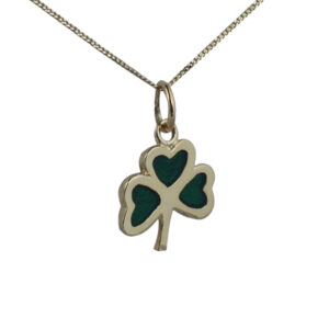 9ct Gold 13x13mm Shamrock with green cold cure enamel Pendant with a 0.6mm wide curb Chain