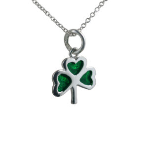 Silver 13x13mm Shamrock with green cold cure enamel Pendant with a 1mm wide rolo Chain