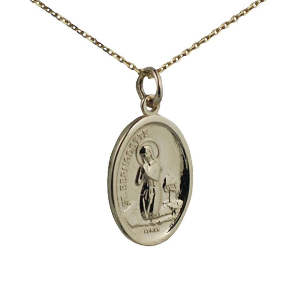 9ct Gold 21x15mm oval St Bernadette Pendant with a 1.2mm wide cable Chain 16 inches Only Suitable for Children - Image 2