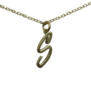 9ct Gold 26x11mm plain palace script Initial S Pendant with a 1.4mm wide belcher Chain