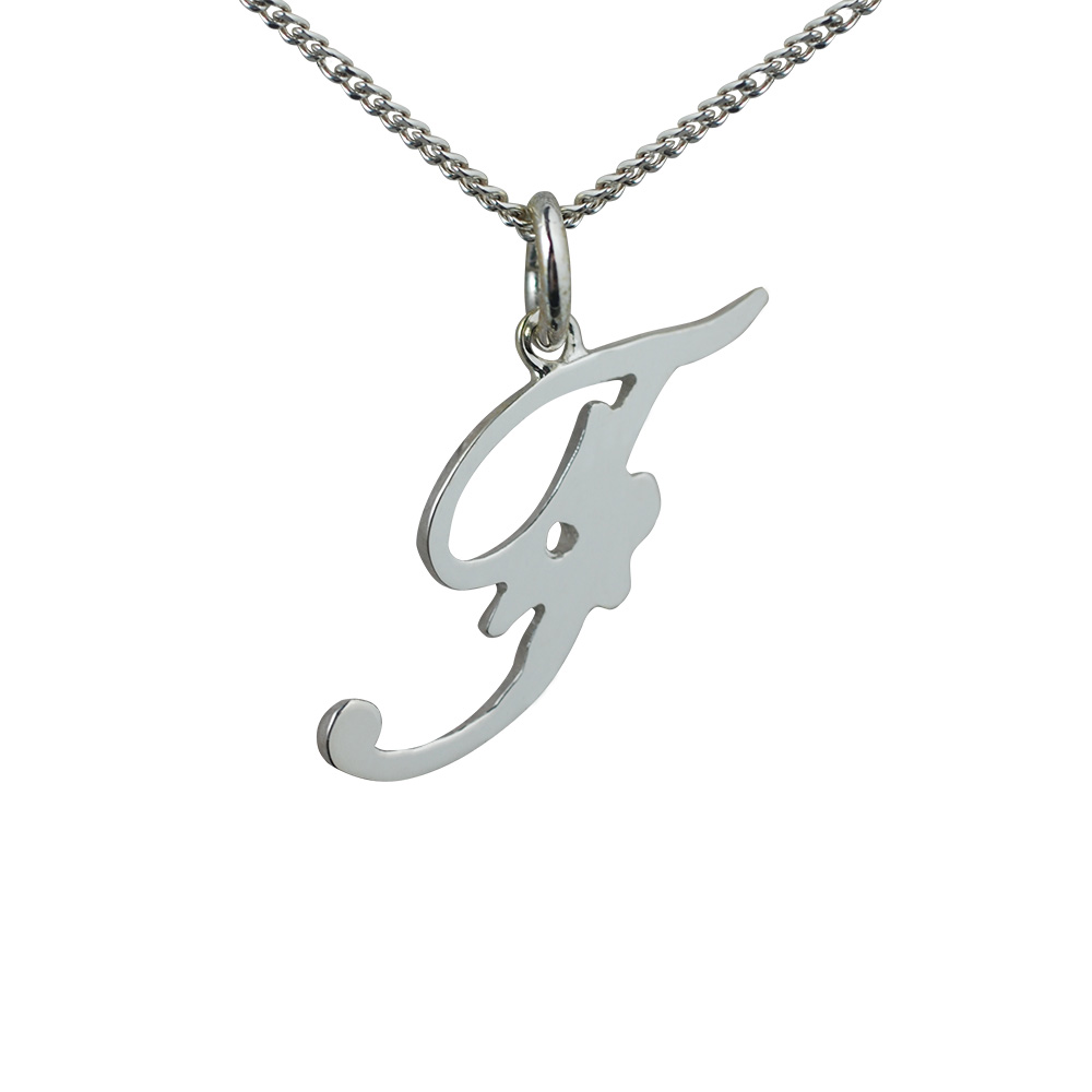 Silver 28x11mm plain palace script Initial F Pendant with a 1.3mm wide curb Chain 20 inches