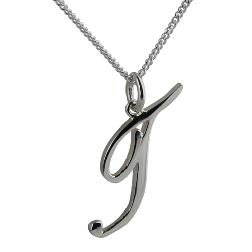 Silver 30x14mm plain palace script Initial T Pendant with a 1.3mm wide curb Chain 20 inches