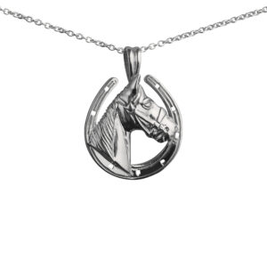 Silver 22x20mm Horse Head in Horseshoe Pendant with a 1mm wide rolo Chain 14 inches Only Suitable for Children